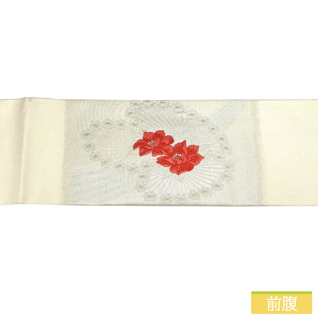 名古屋帯 正絹 Aランク 名古屋仕立て 胡粉色（ごふんいろ） 草花模様 帯丈347cm ポイント柄 セミフォーマル 白系 1124012283311