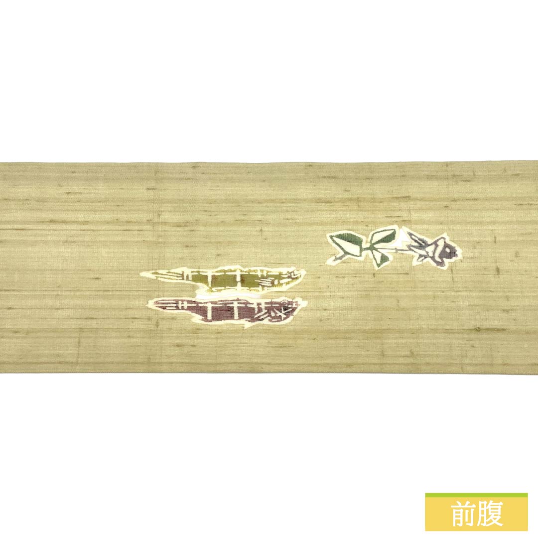 名古屋帯 正絹 Aランク 名古屋仕立て 象牙色（ぞうげいろ） 魚 花 夏帯 帯丈373cm ポイント柄 カジュアル ベージュ系 1124013433325