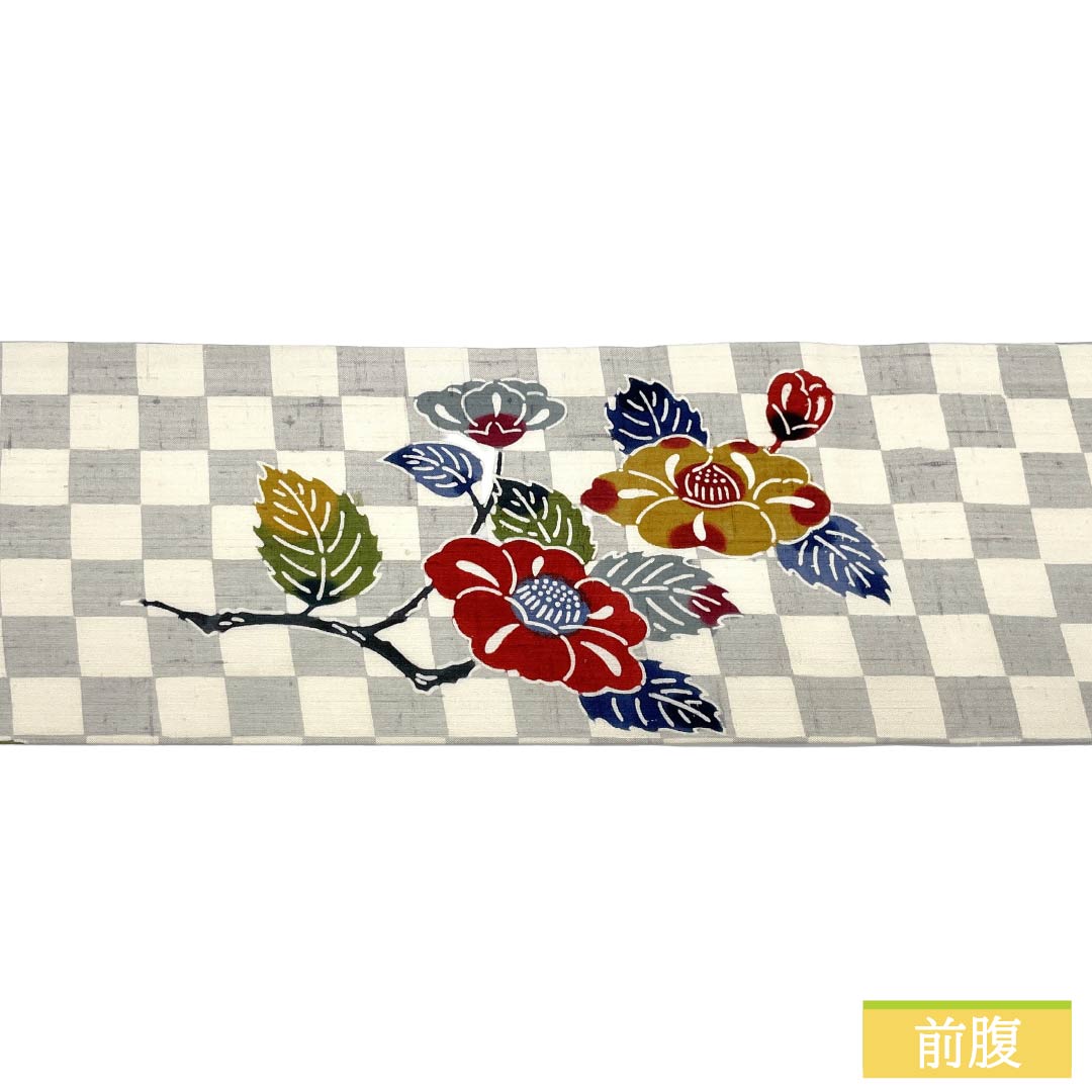 名古屋帯 正絹 Sランク 名古屋仕立て 紬地 京紅型 市松 草葉模様 帯丈363cm ポイント柄 カジュアル 白系 1124014042311