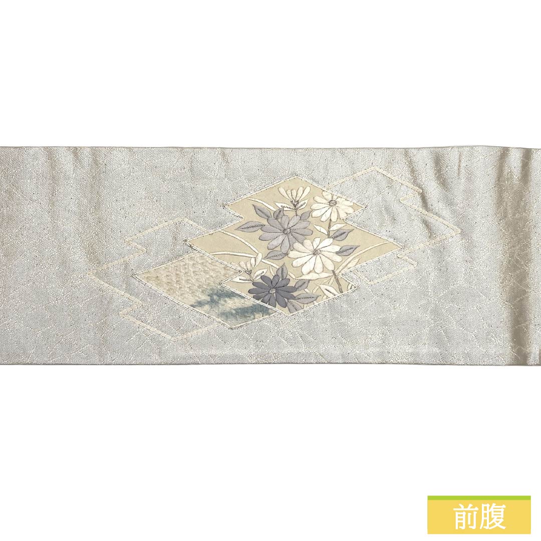 Nagoya obi, genuine silk, Rank A, Nagoya tailoring, silver, Suzhou embroidery, pine bark diamond, floral, obi length 343cm, partial pattern, semi-formal, silver family, 1124012293322