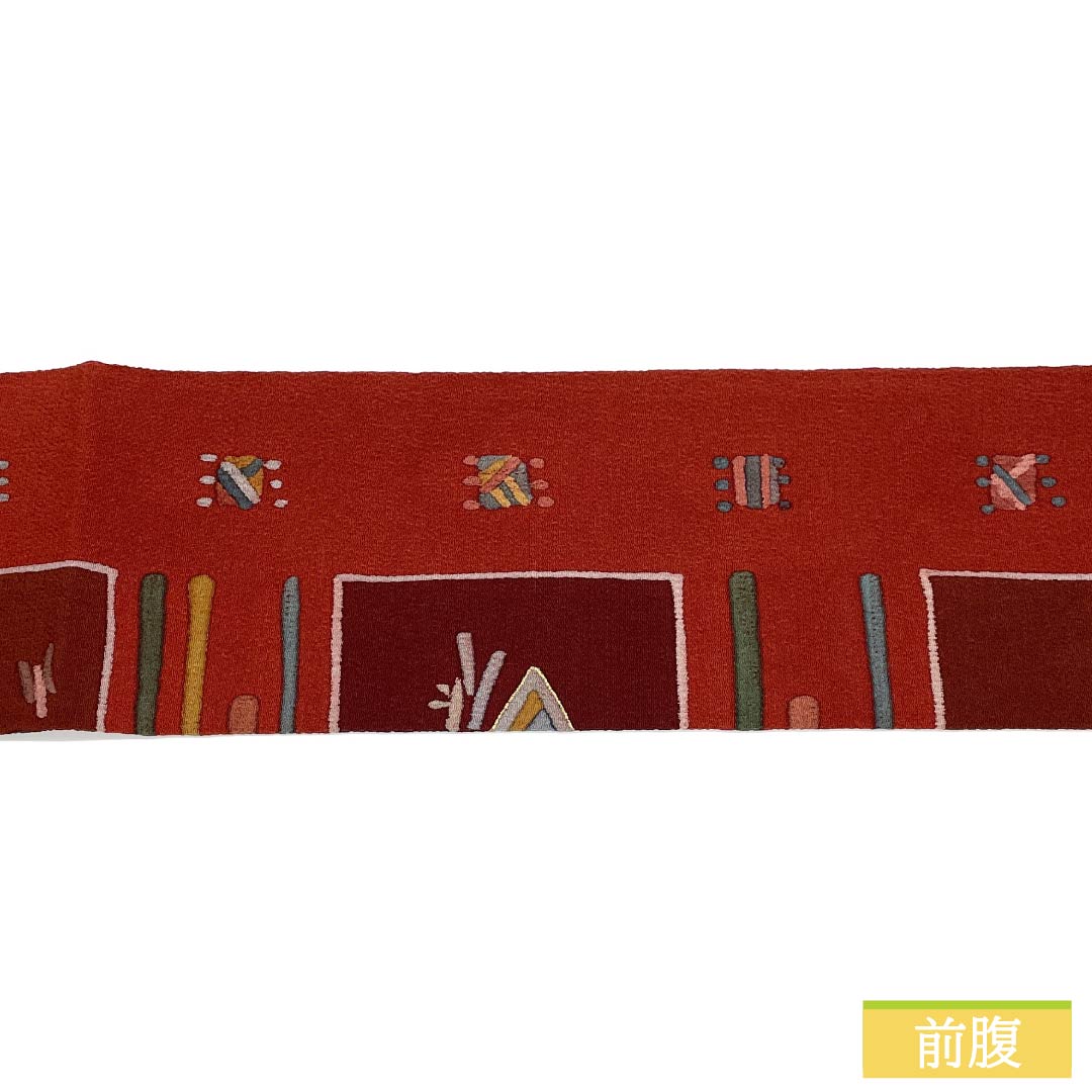 名古屋帯 正絹 Aランク 牛血紅色（ぎゅうけつこういろ） 型染 ふるさと 糸巻 帯丈362cm 全通 カジュアル 赤系 1124011563312 名古屋仕立て