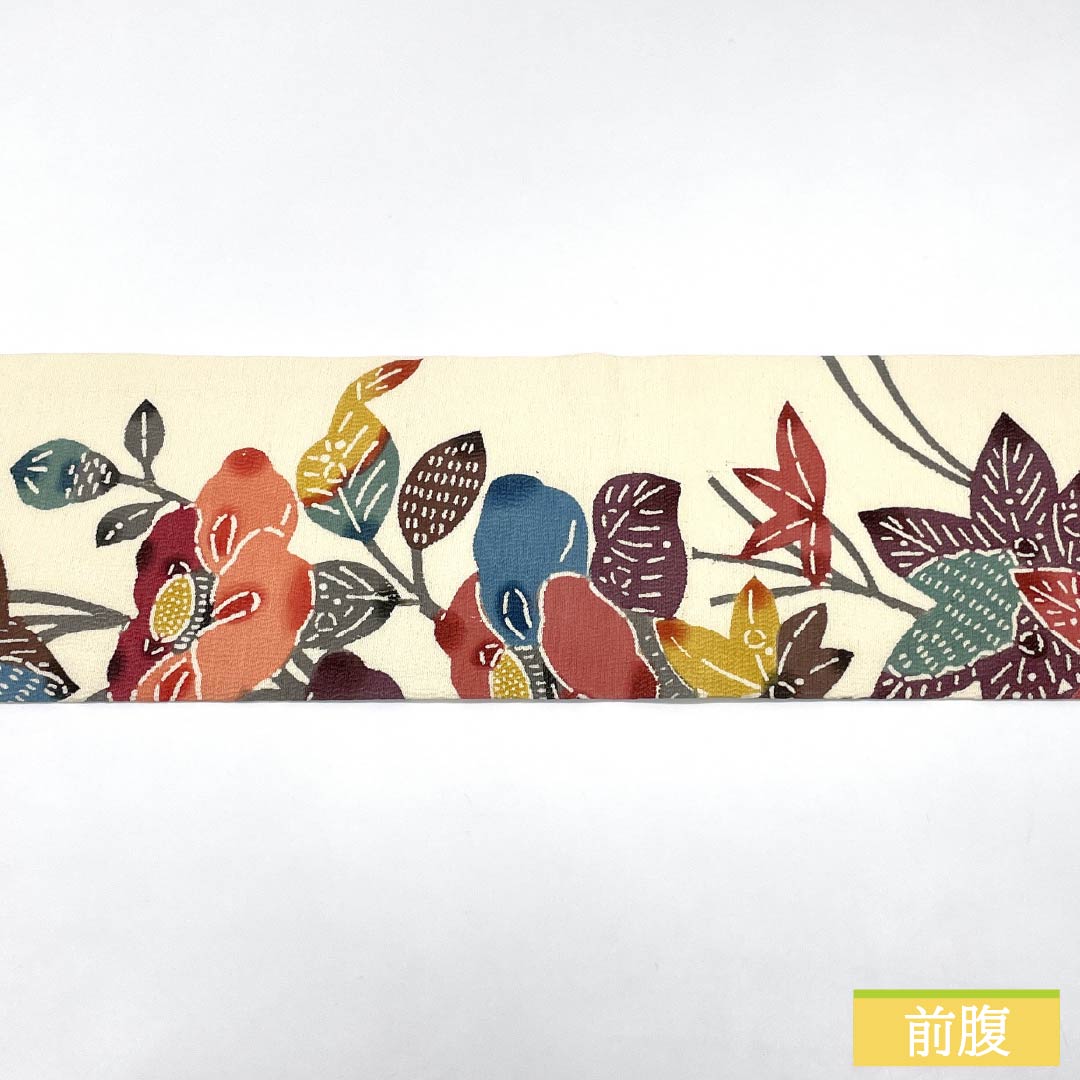 （京袋帯）名古屋帯 正絹 Aランク 乳白色（にゅうはくしょく） 京紅型 東雲色（しののめいろ） 花柄 帯丈345cm 六通 カジュアル 白系 1124011073311 名古屋仕立て