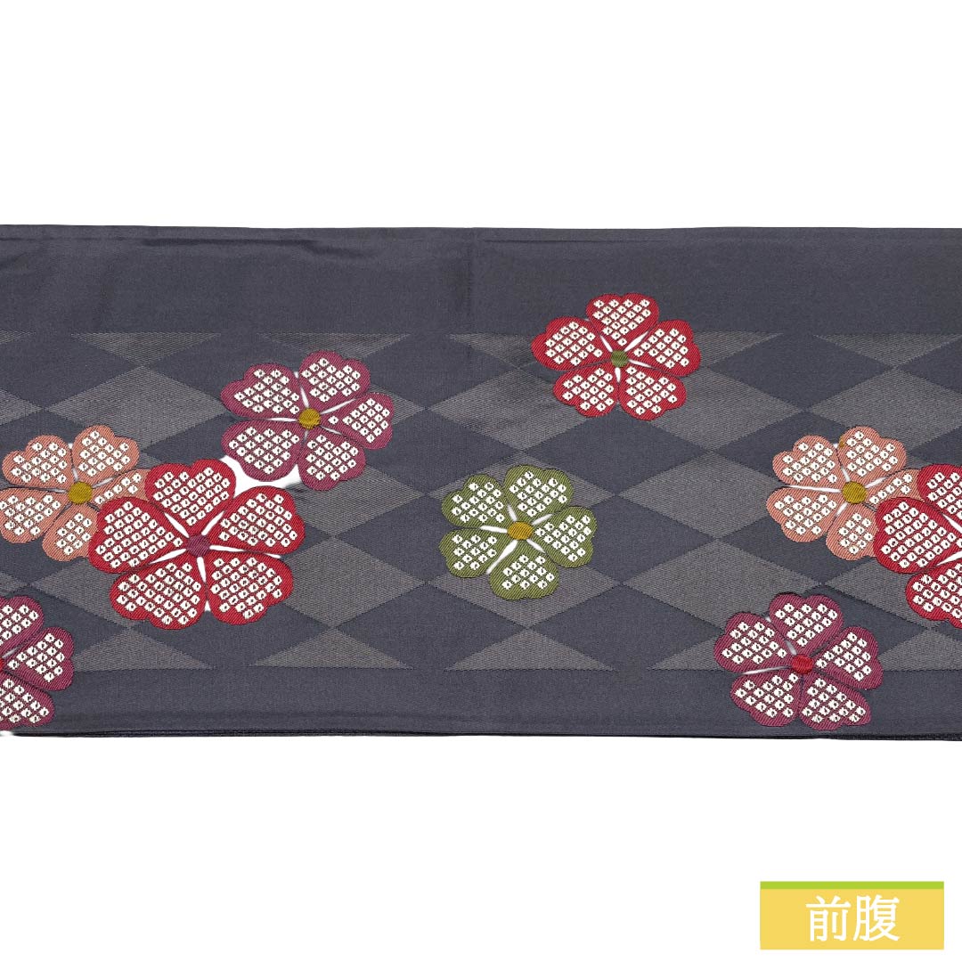 （京袋帯）名古屋帯 ポリエステル Aランク 京袋帯 燻銀色（いぶしぎんいろ） 京袋帯 菱 花柄 帯丈382cm 六通 カジュアル グレー系 1124013863422