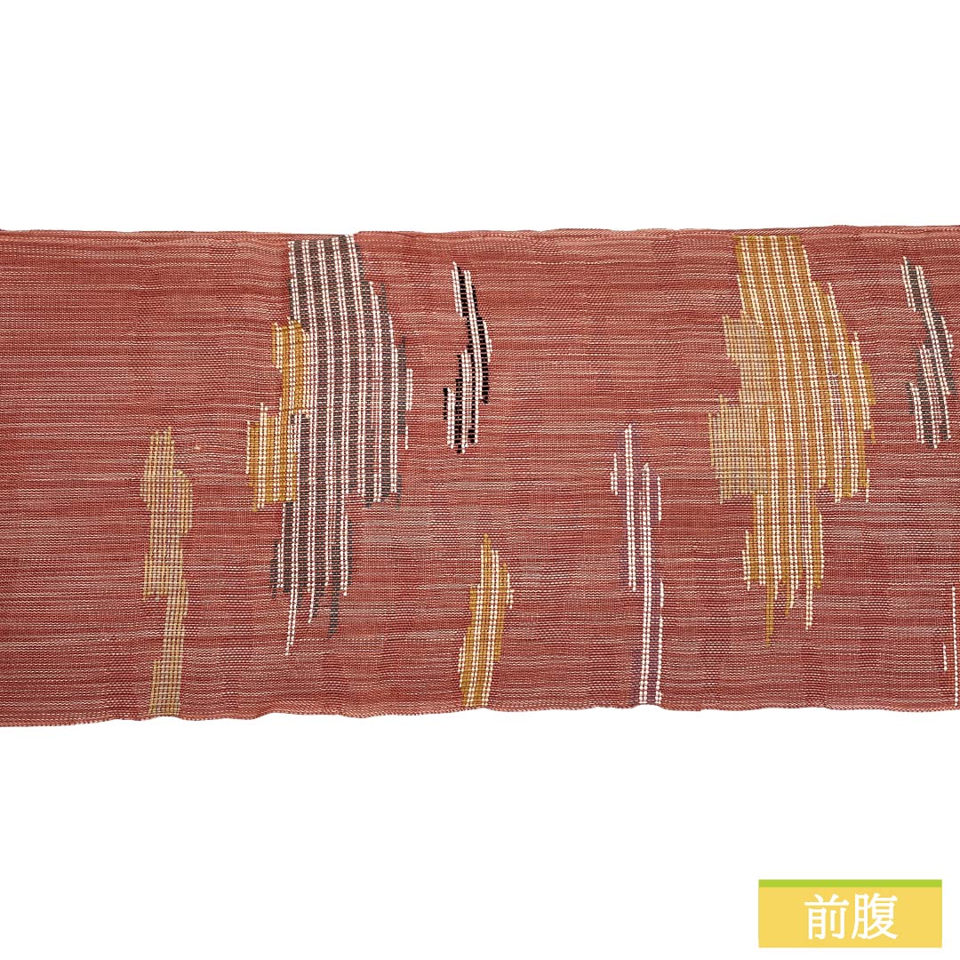 名古屋帯 正絹 Aランク 松葉仕立て 抽象模様 夏帯 帯丈348cm 六通 カジュアル 茶系 1124012913314