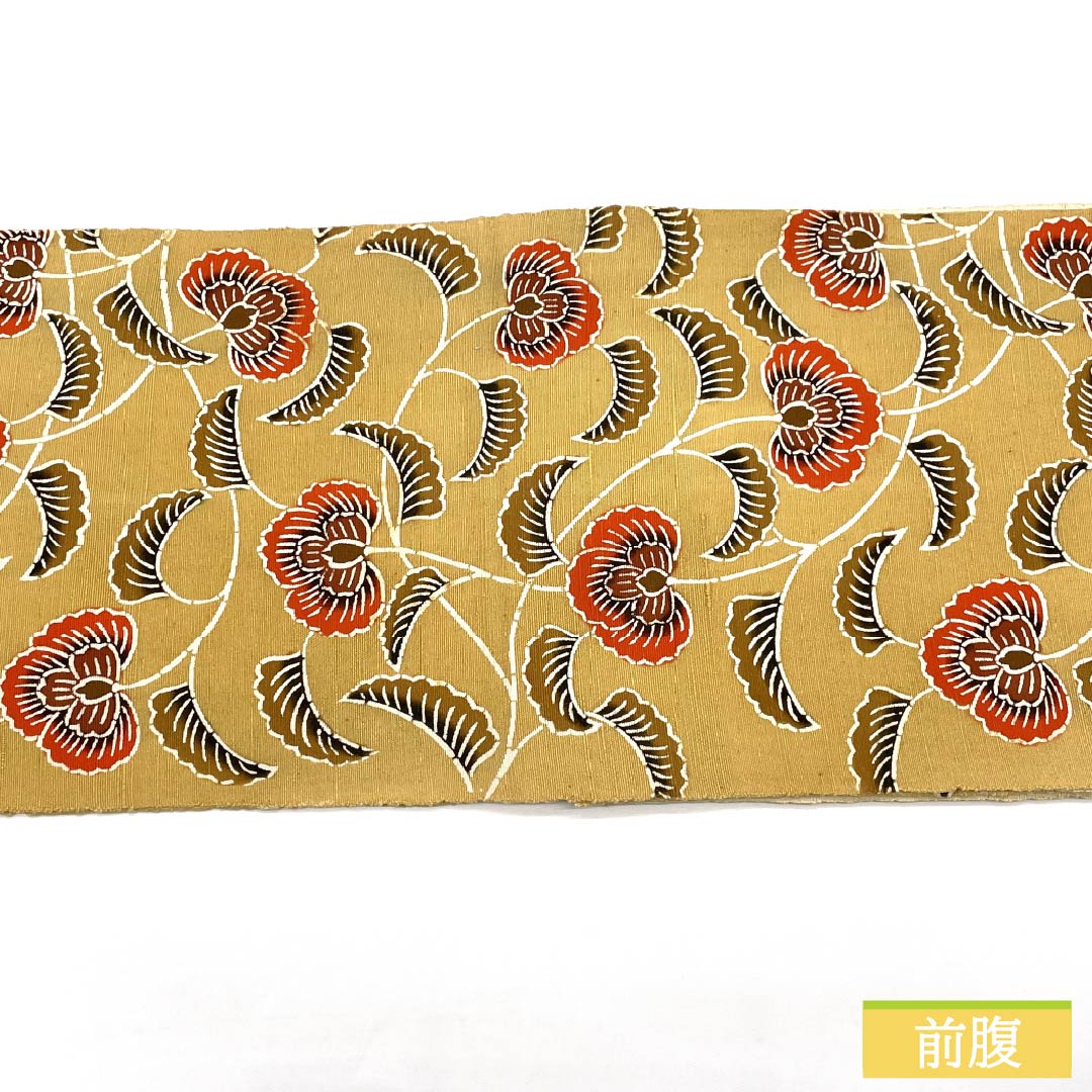 名古屋帯 正絹 Aランク 麦藁色（むぎわらいろ） 京紅型 唐花模様 紬地 帯丈362cm 六通 カジュアル ベージュ系 1124011213325 松葉仕立て