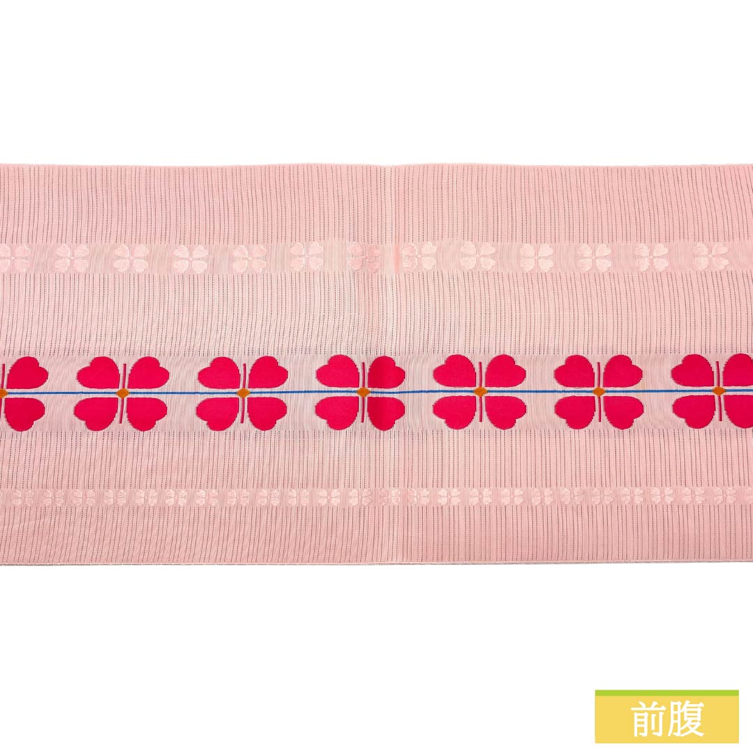 名古屋帯 ポリエステル Aランク 開き仕立て 曙色（あけぼのいろ） クローバー 夏帯 長尺 帯丈378cm 全通 カジュアル ピンク系 1124013233313
