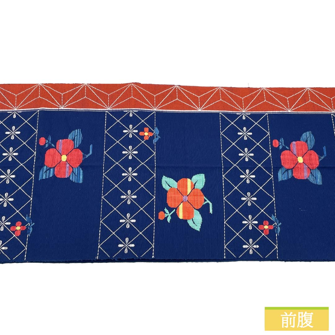 Nagoya Obi, genuine silk, A rank, Matsuba-style tailoring, Kara-ai color, floral pattern, retro, asa-no-ha (hemp leaf) pattern, obi length 363cm, rokutsu (pattern on six panels), casual, navy family, 1124011843318