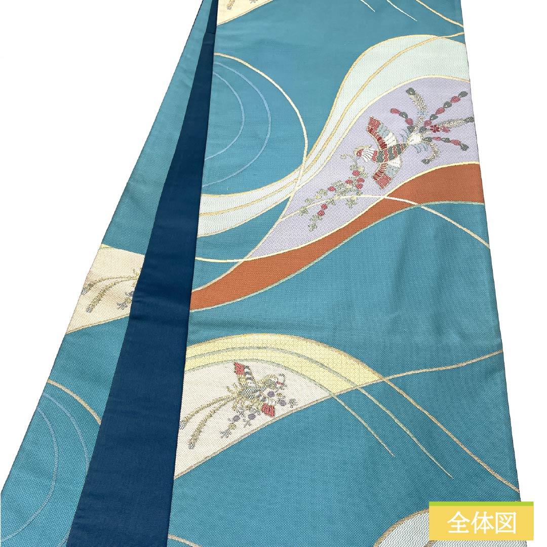 袋帯 正絹 浅葱色（あさぎいろ） 西陣織 千祥庵 鳳凰 帯丈434cm Aランク 六通 セミフォーマル 水色系 1123012733324