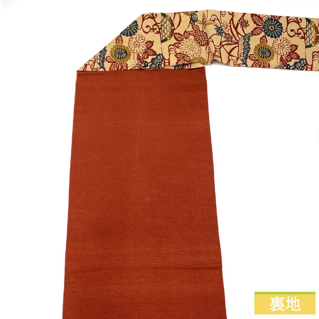 （京袋帯）名古屋帯 正絹 Aランク 丁子色（ちょうじいろ） 京紅型 草花模様 古典柄 帯丈348cm 六通 カジュアル ベージュ系 1124011123325 名古屋仕立て