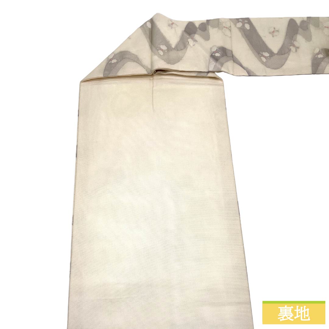 名古屋帯 正絹 Sランク 名古屋仕立て 乳白色（にゅうはくしょく） 蝶 夏帯 帯丈349cm 六通 セミフォーマル 白系 1124013152311