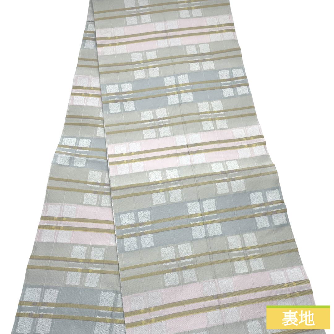 名古屋帯 ポリエステル Aランク 開き仕立て 鉛白色（えんぱくいろ） 市松 抽象柄 帯丈386cm 全通 カジュアル グレー系 1124013813422