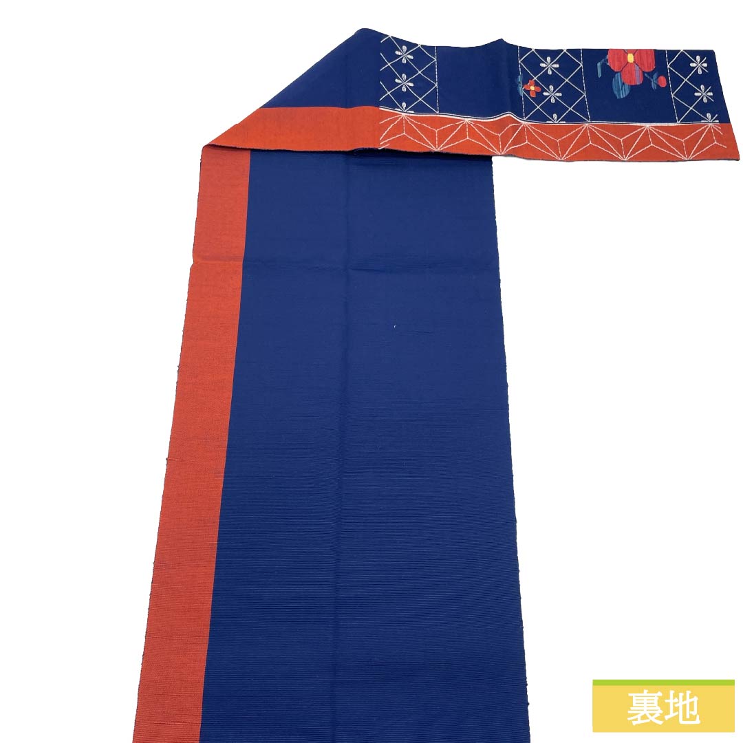 Nagoya Obi, genuine silk, A rank, Matsuba-style tailoring, Kara-ai color, floral pattern, retro, asa-no-ha (hemp leaf) pattern, obi length 363cm, rokutsu (pattern on six panels), casual, navy family, 1124011843318