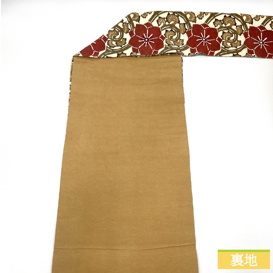 袋帯　赤茶色系　古典的な雰囲気模様 中古）袋帯 赤 カジュアル 六通 織り オリエンタル花草文 絹