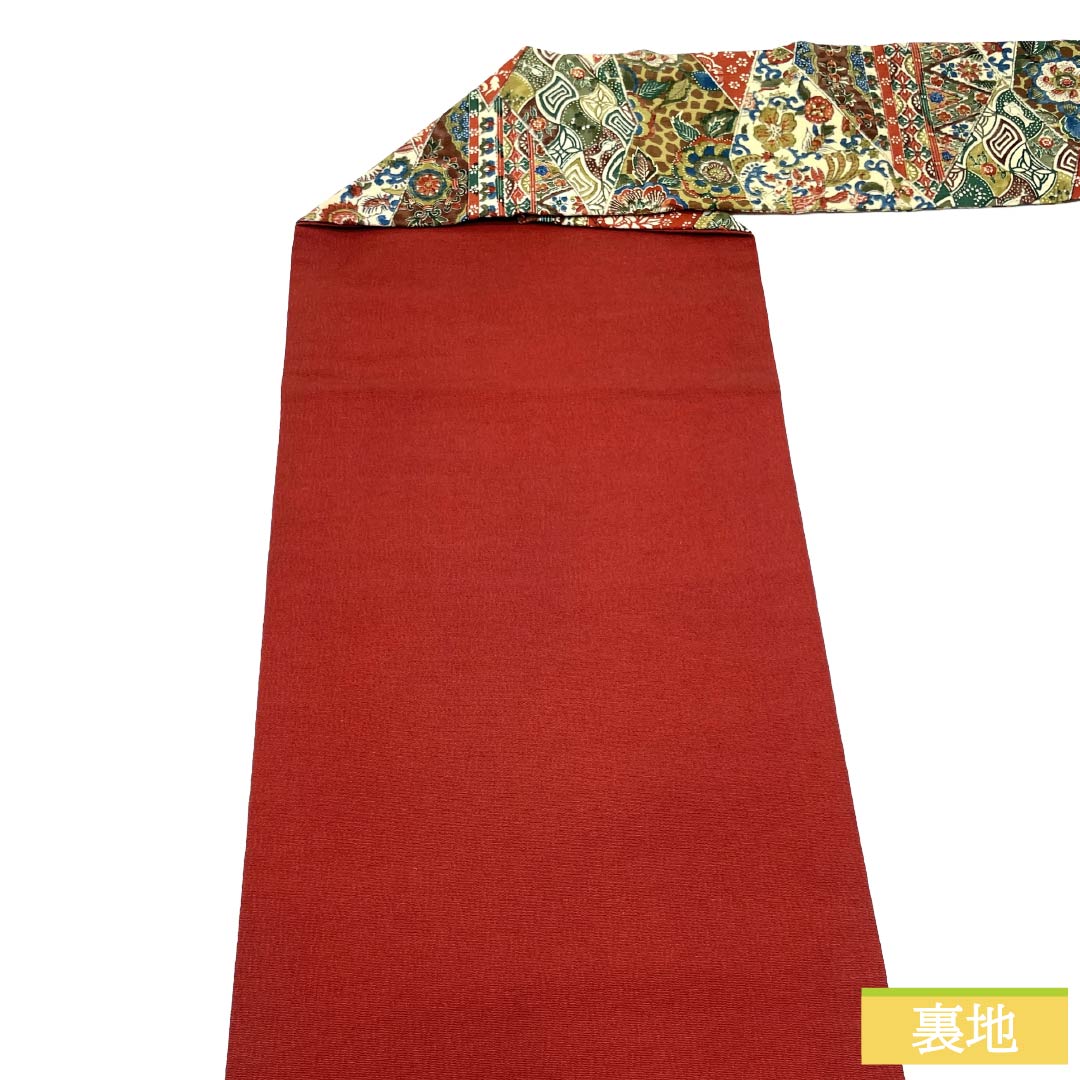 名古屋帯 正絹 Sランク 名古屋仕立て 更紗模様 割付 染め帯  帯丈373cm 全通 カジュアル マルチカラー 1124014052328