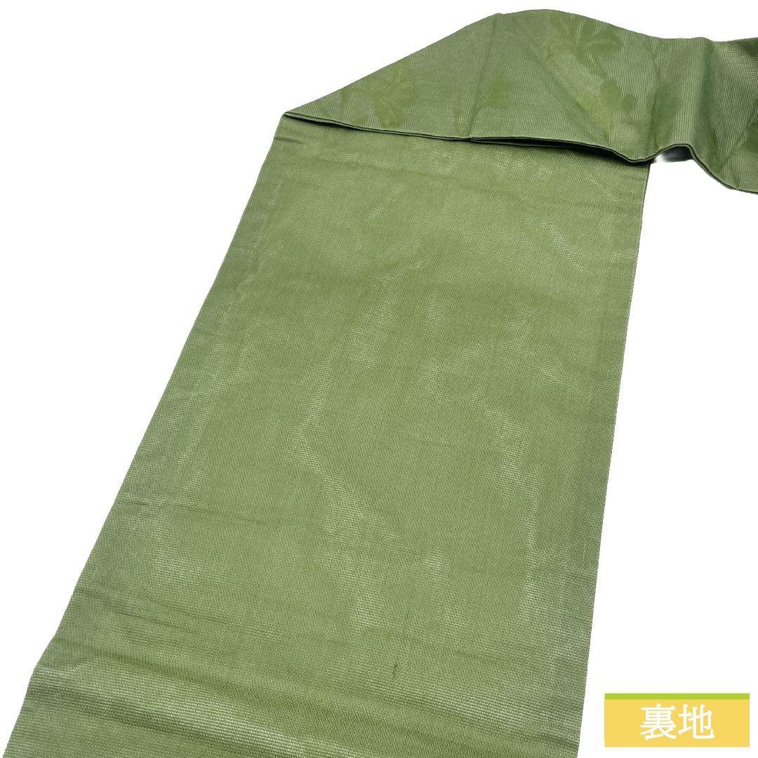 名古屋帯 正絹 Aランク 名古屋仕立て 山鳩色（やまばといろ） 植物模様 夏帯 帯丈334cm 六通 カジュアル 緑系 1124013293319