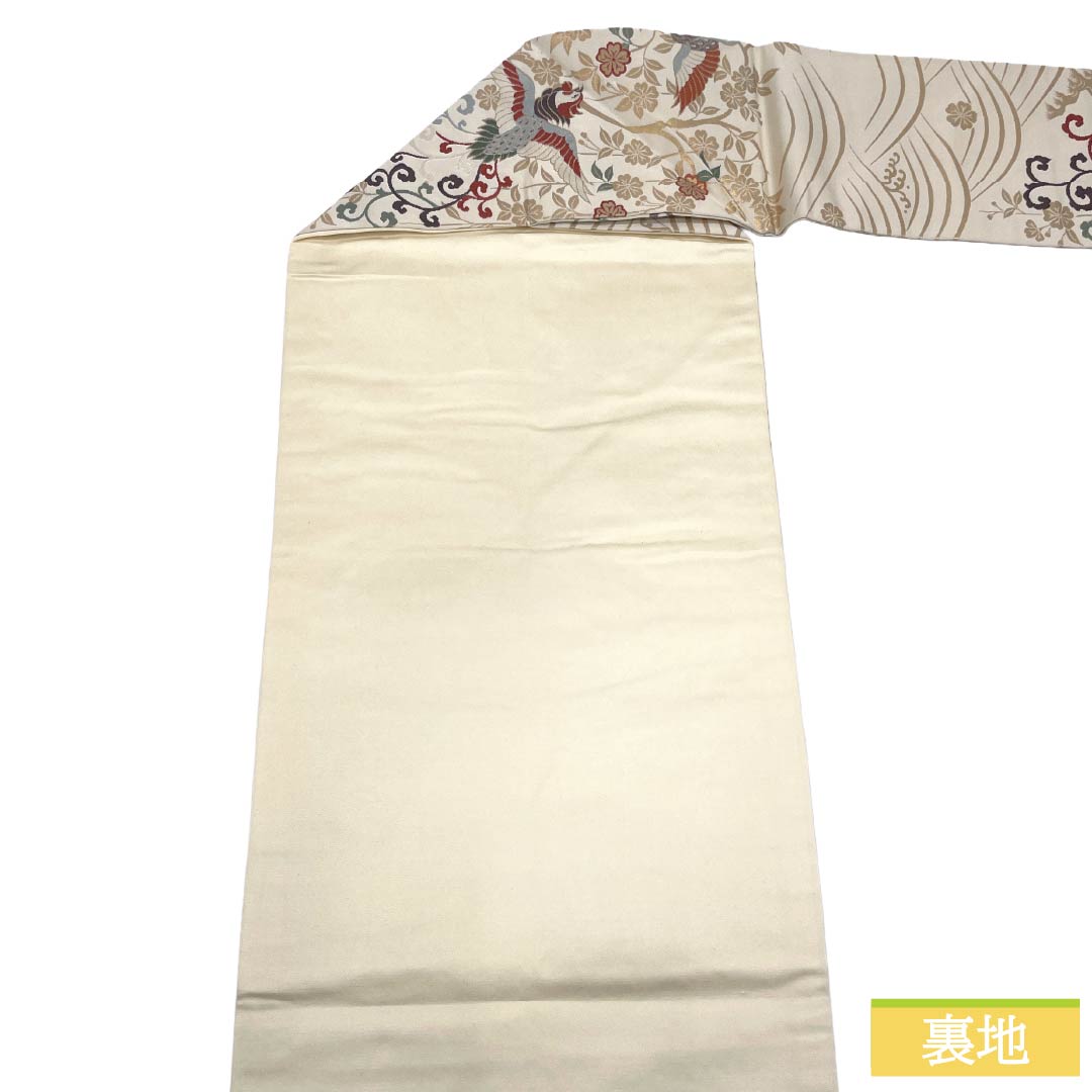 Nagoya obi, genuine silk, A-rank, Nagoya tailoring, milky white, Keicho pattern, classical pattern, obi length 358cm, six-panel, semi-formal, cream-colored, 1124011853315