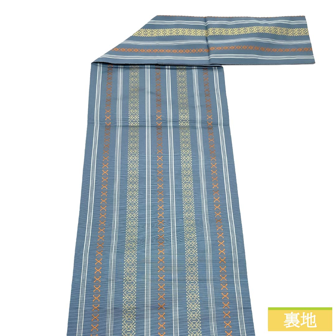 （新品）名古屋帯 正絹 NEWランク 松葉仕立て 熨斗目花色（のしめはないろ） 本場筑前博多織 八寸なごや帯 献上柄 帯丈359cm 全通 カジュアル 青系 1124014141317