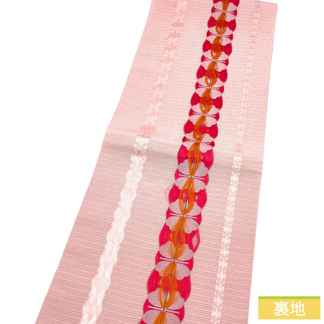 名古屋帯 ポリエステル Aランク 開き仕立て 曙色（あけぼのいろ） クローバー 夏帯 長尺 帯丈378cm 全通 カジュアル ピンク系 1124013233313