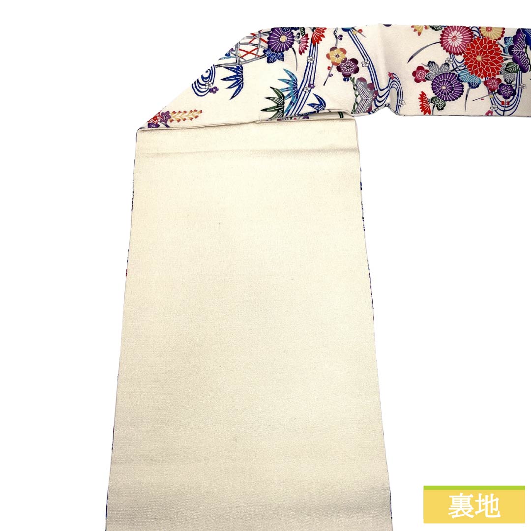正絹。白地に赤の花柄。名古屋帯。未使用に近い。 正絹 名古屋帯] 召しませ花 一重太鼓 京袋帯マーチングフラワー