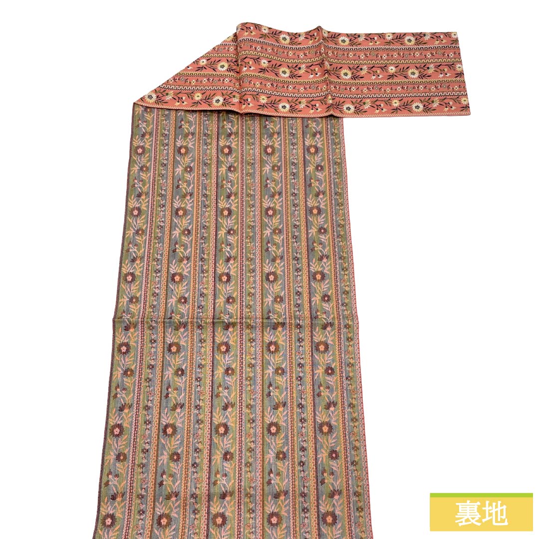 名古屋帯 正絹 Sランク 松葉仕立て 紅梅色（こうばいいろ） 縞 小花柄 帯丈330cm 全通 カジュアル ピンク系 1124012362313