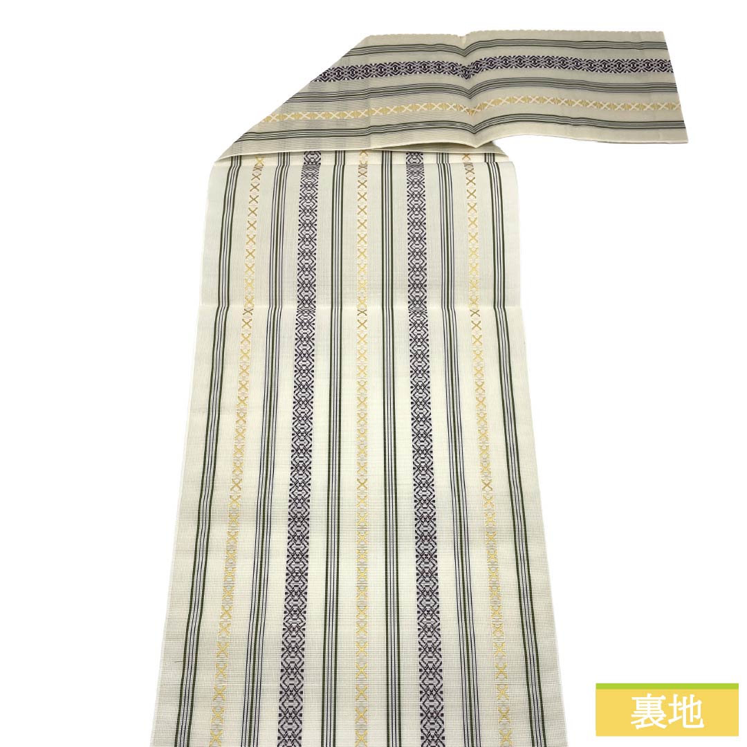 （新品）名古屋帯 正絹 NEWランク 松葉仕立て 練色（ねりいろ） 本場筑前博多織 八寸なごや帯 献上柄 帯丈374cm 全通 カジュアル ベージュ系 1124014221325