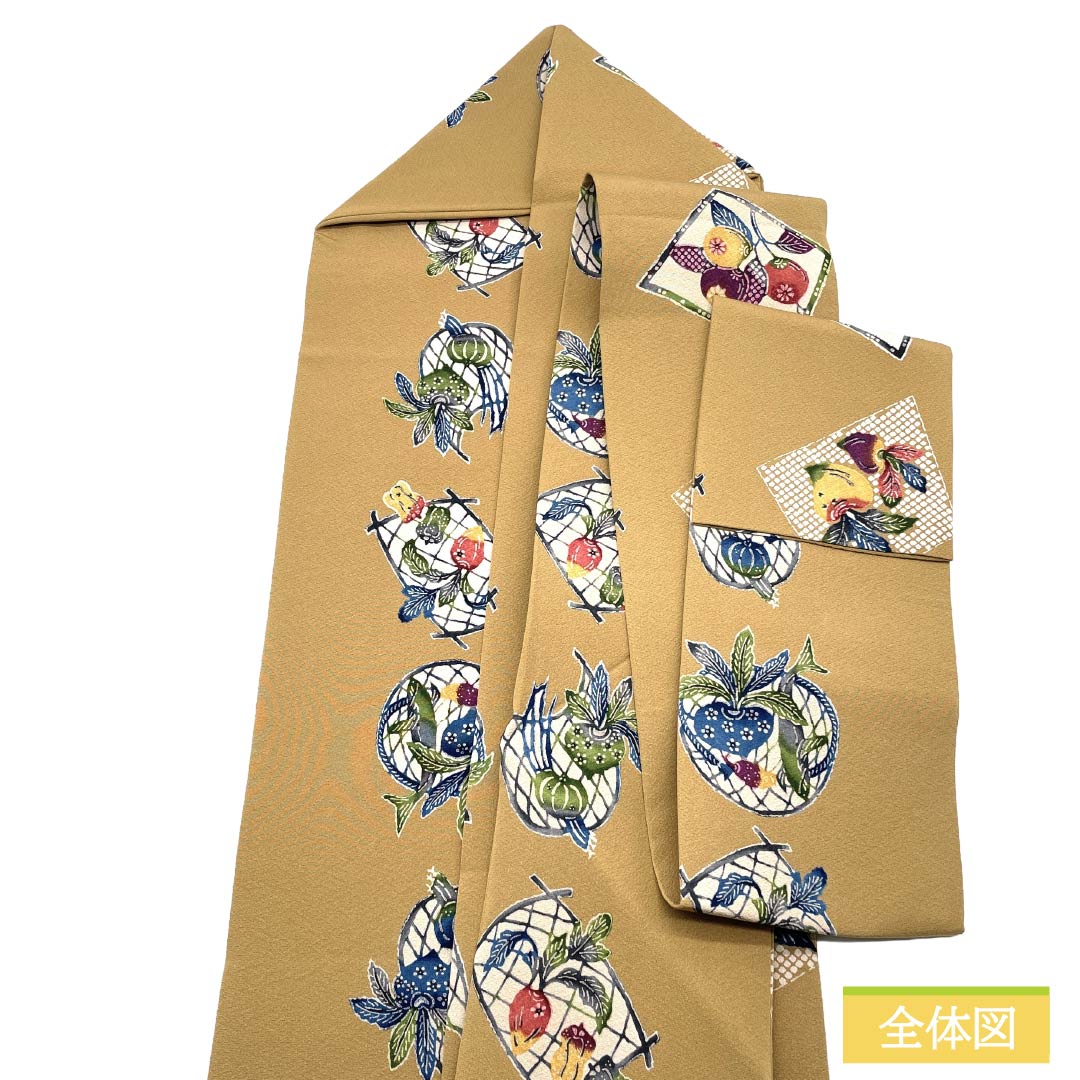 名古屋帯 正絹 Aランク 名古屋仕立て 胡桃色（くるみいろ） 型染 古典柄 野菜 帯丈362cm 全通 カジュアル ベージュ系 1124012123325