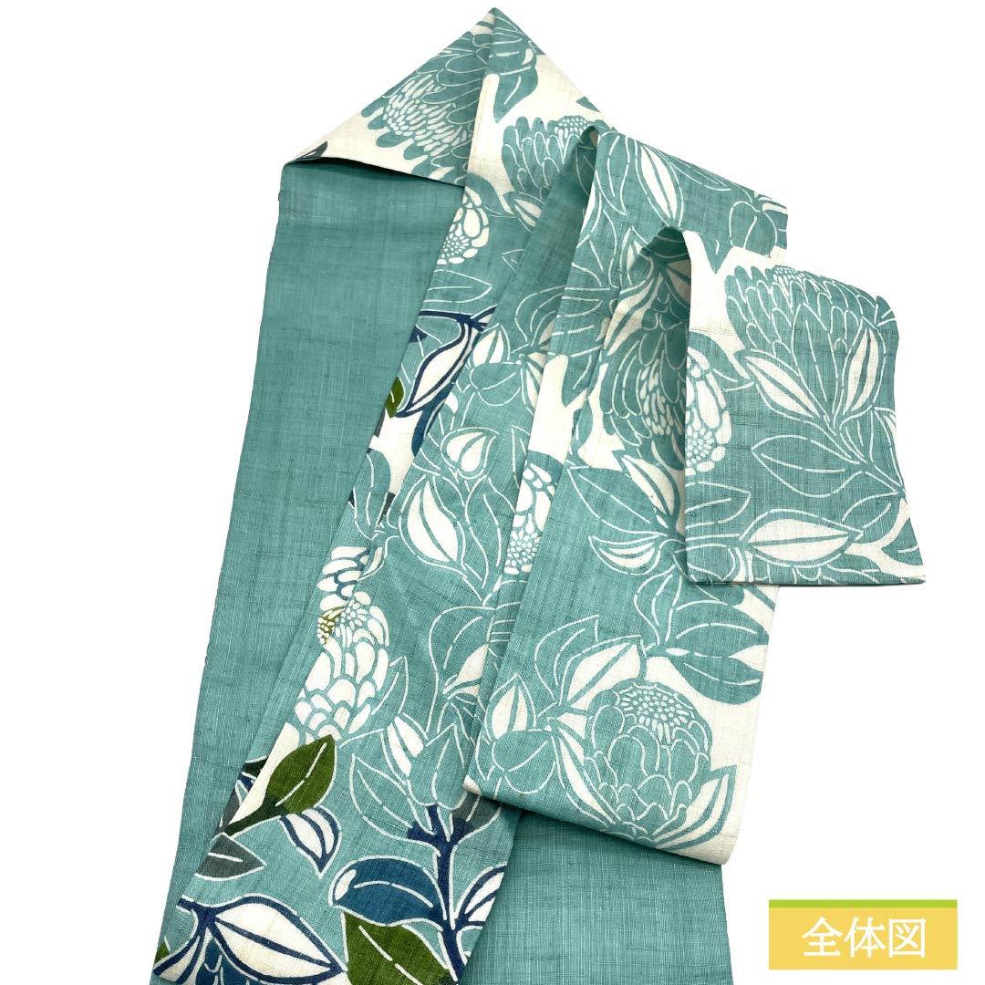（新品）名古屋帯 正絹 NEWランク 名古屋仕立て 花緑青色（はなろくしょういろ） 栗山吉三郎 京紅型 プロテア 帯丈378cm ポイント柄 カジュアル 緑系 1124013091319