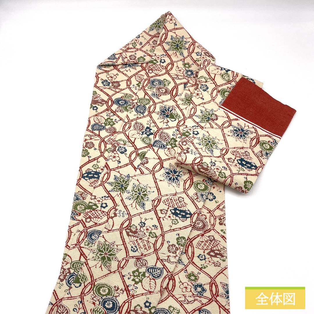 名古屋帯 正絹 Sランク 砥粉色（とのこいろ） 京紅型 立涌 植物模様 帯丈336cm 全通 カジュアル ベージュ系 1124011182325 名古屋仕立て