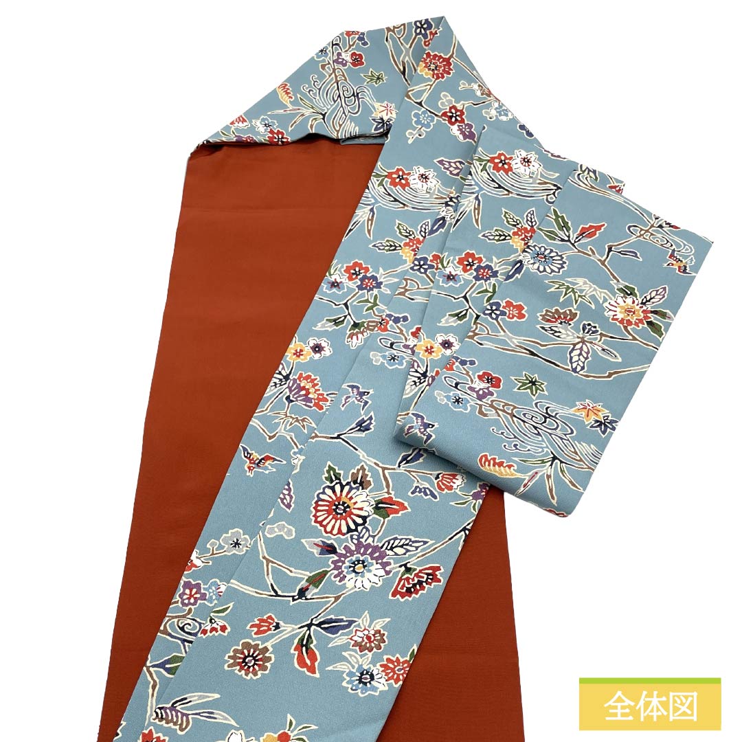 名古屋帯 正絹 Sランク 名古屋仕立て 型染 古典柄 花柄 帯丈365cm 全通 カジュアル 水色系 1124013482324