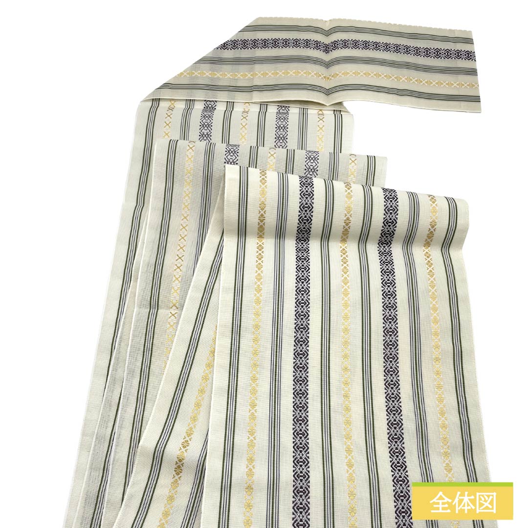 （新品）名古屋帯 正絹 NEWランク 松葉仕立て 練色（ねりいろ） 本場筑前博多織 八寸なごや帯 献上柄 帯丈374cm 全通 カジュアル ベージュ系 1124014221325