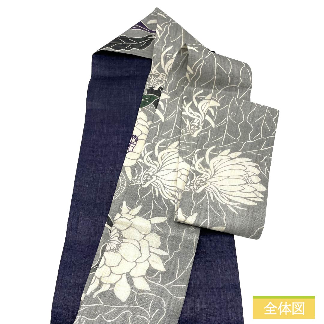 （新品）名古屋帯 正絹 NEWランク 名古屋仕立て 灰色（はいいろ） 栗山吉三郎 京紅型 月下美人 帯丈378cm ポイント柄 カジュアル グレー系 1124013081322