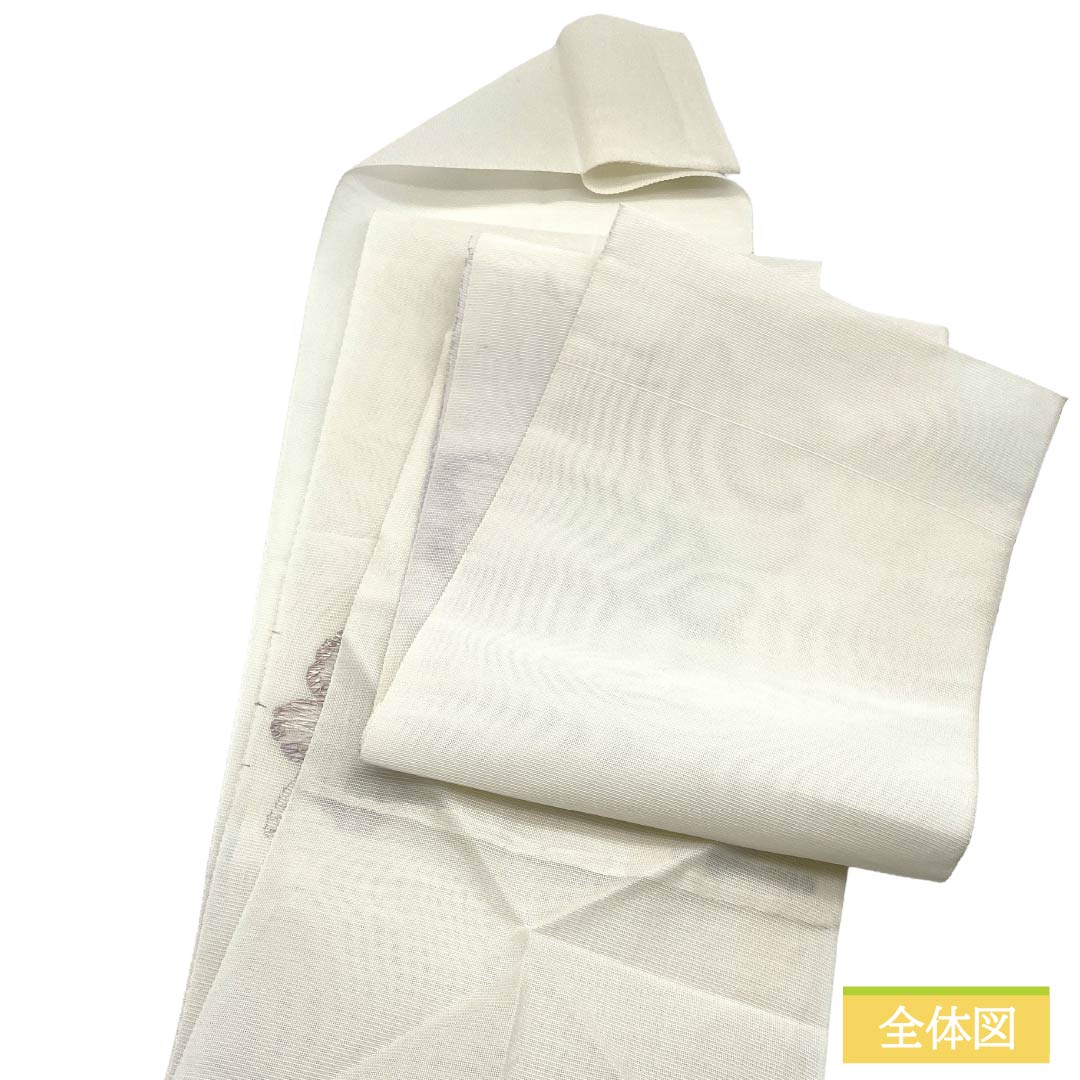 名古屋帯 正絹 Aランク 松葉仕立て 乳白色（にゅうはくしょく） 抽象植物模様 夏帯 長尺 帯丈380cm ポイント柄 セミフォーマル 白系 1124013133411