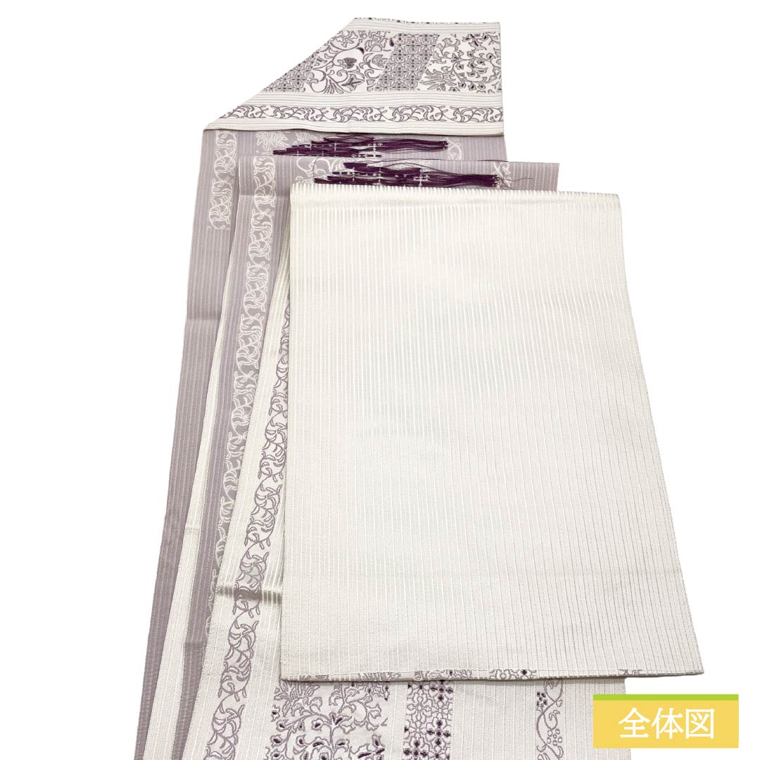 名古屋帯 ポリエステル Sランク 松葉仕立て 白練色（しろねりいろ） 更紗 帯丈359cm 六通 カジュアル 白系 1124013602311