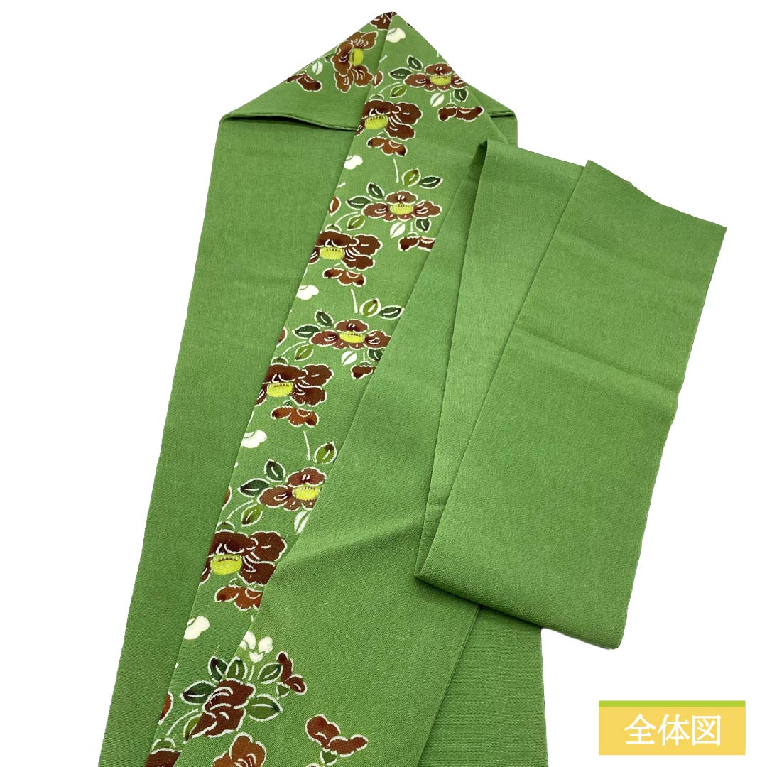 名古屋帯 正絹 Aランク 名古屋仕立て 柳緑色（りゅうりょくいろ） 京紅型 草葉模様 ちりめん地 帯丈357cm 六通 カジュアル 緑系 1124014013319