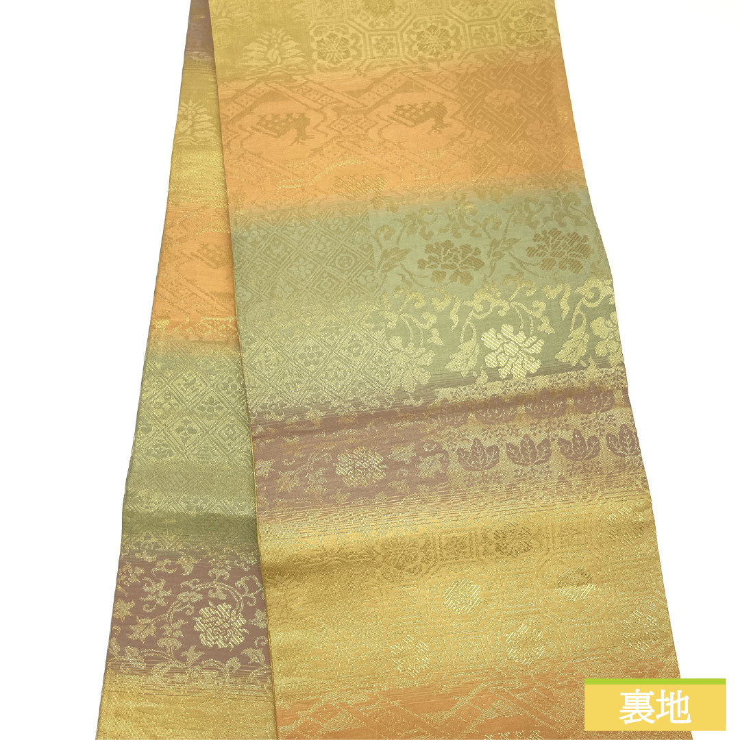 袋帯 正絹 Sランク 二図全通 リバーシブル 花百趣 正倉院文様  帯丈464cm 全通 フォーマル 金系 1123016422421