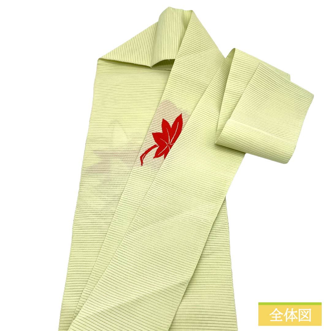 名古屋帯 正絹 Aランク 名古屋仕立て 若芽色（わかめいろ） 夏帯 古典柄 紅葉 帯丈334cm ポイント柄 セミフォーマル 緑系 1124013033319