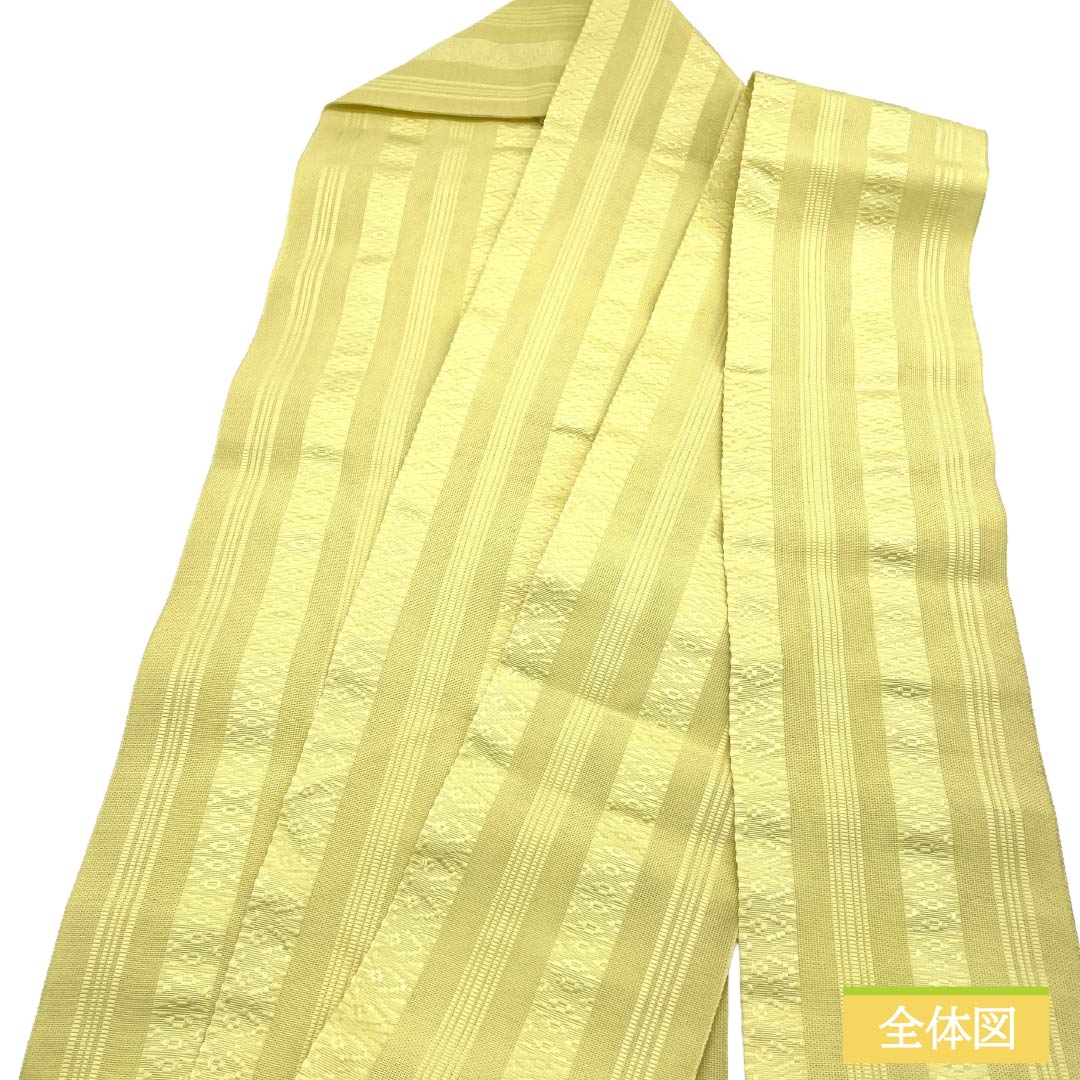 名古屋帯 ポリエステル Aランク 名古屋仕立て レモンイエロー 献上柄 夏帯 トンネル仕立て 帯丈367cm 全通 カジュアル 黄系 1124013283323