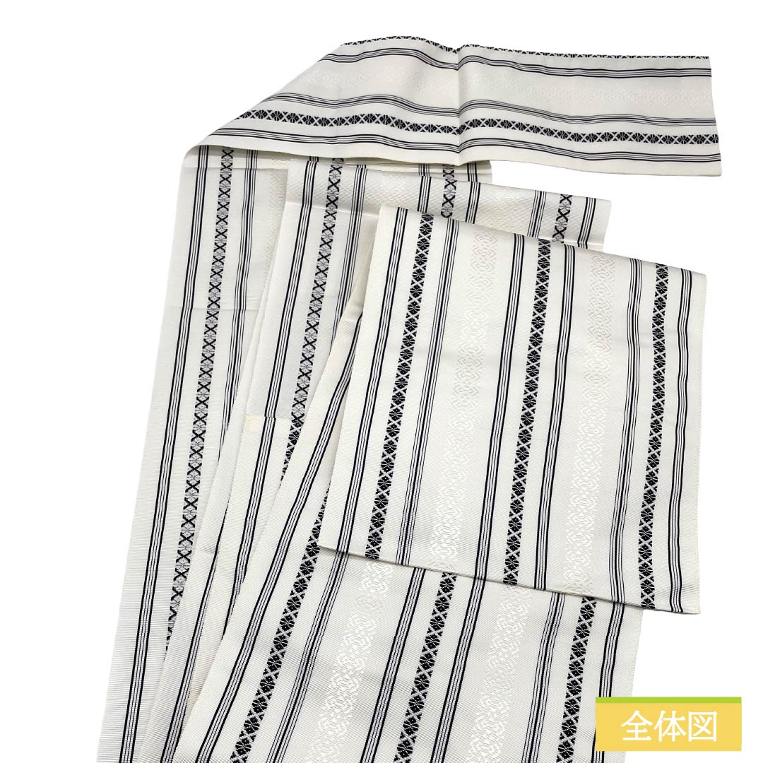 （新品）名古屋帯 正絹 NEWランク 松葉仕立て 白色（しろいろ） 本場筑前博多織 八寸なごや帯 献上柄 帯丈357cm 全通 カジュアル 白系 1124014131311