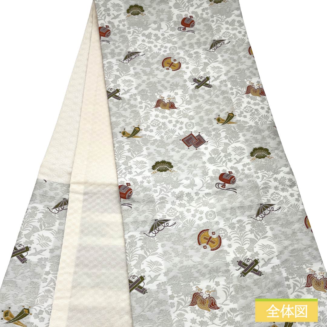 （京袋帯）名古屋帯 ポリエステル Sランク 京袋帯 京袋帯 吉祥文様 市松  帯丈380cm 六通 カジュアル 白系 1124013992411