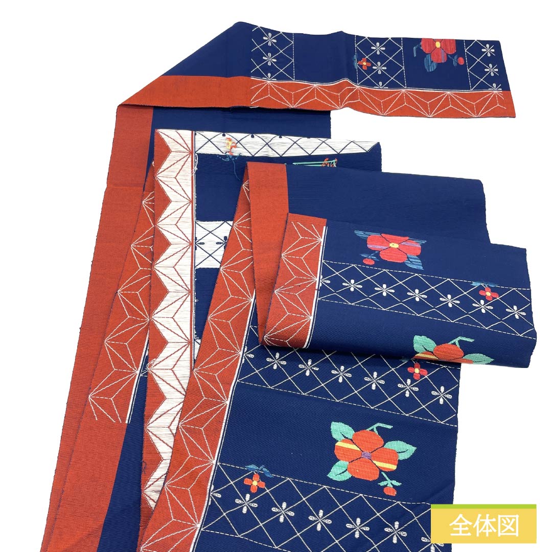 Nagoya Obi, genuine silk, A rank, Matsuba-style tailoring, Kara-ai color, floral pattern, retro, asa-no-ha (hemp leaf) pattern, obi length 363cm, rokutsu (pattern on six panels), casual, navy family, 1124011843318