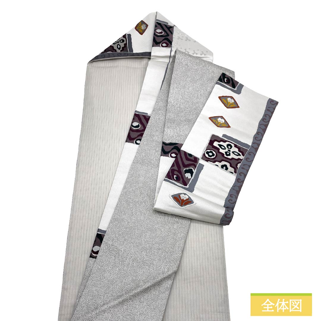 名古屋帯 正絹 Aランク 名古屋仕立て 銀白色（ぎんぱくしょく） 抽象柄 帯丈350cm 六通 セミフォーマル グレー系 1124012443322