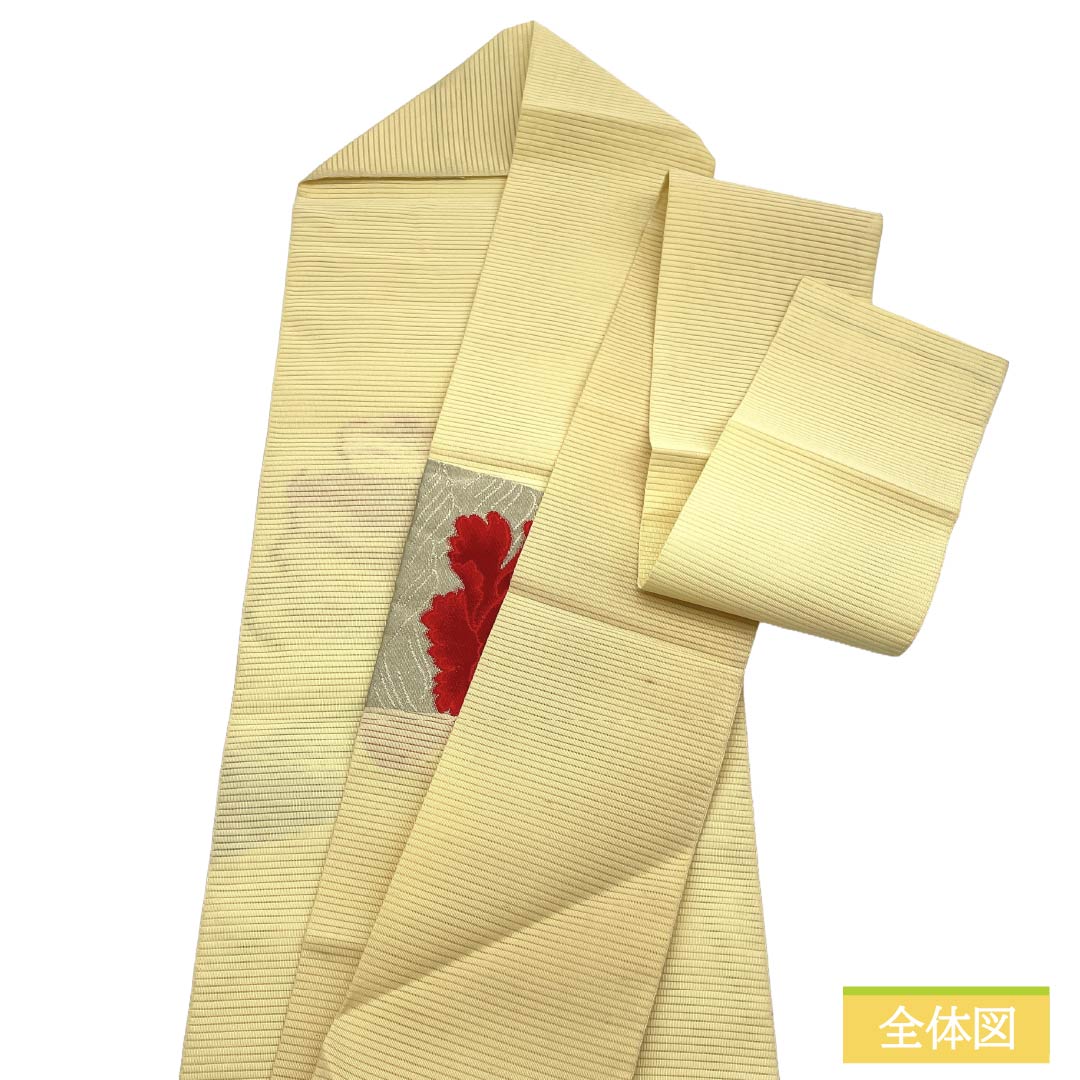 名古屋帯 正絹 Aランク 名古屋仕立て 淡黄色（たんこうしょく） 夏帯 花柄 帯丈353cm ポイント柄 セミフォーマル 黄系 1124013043315