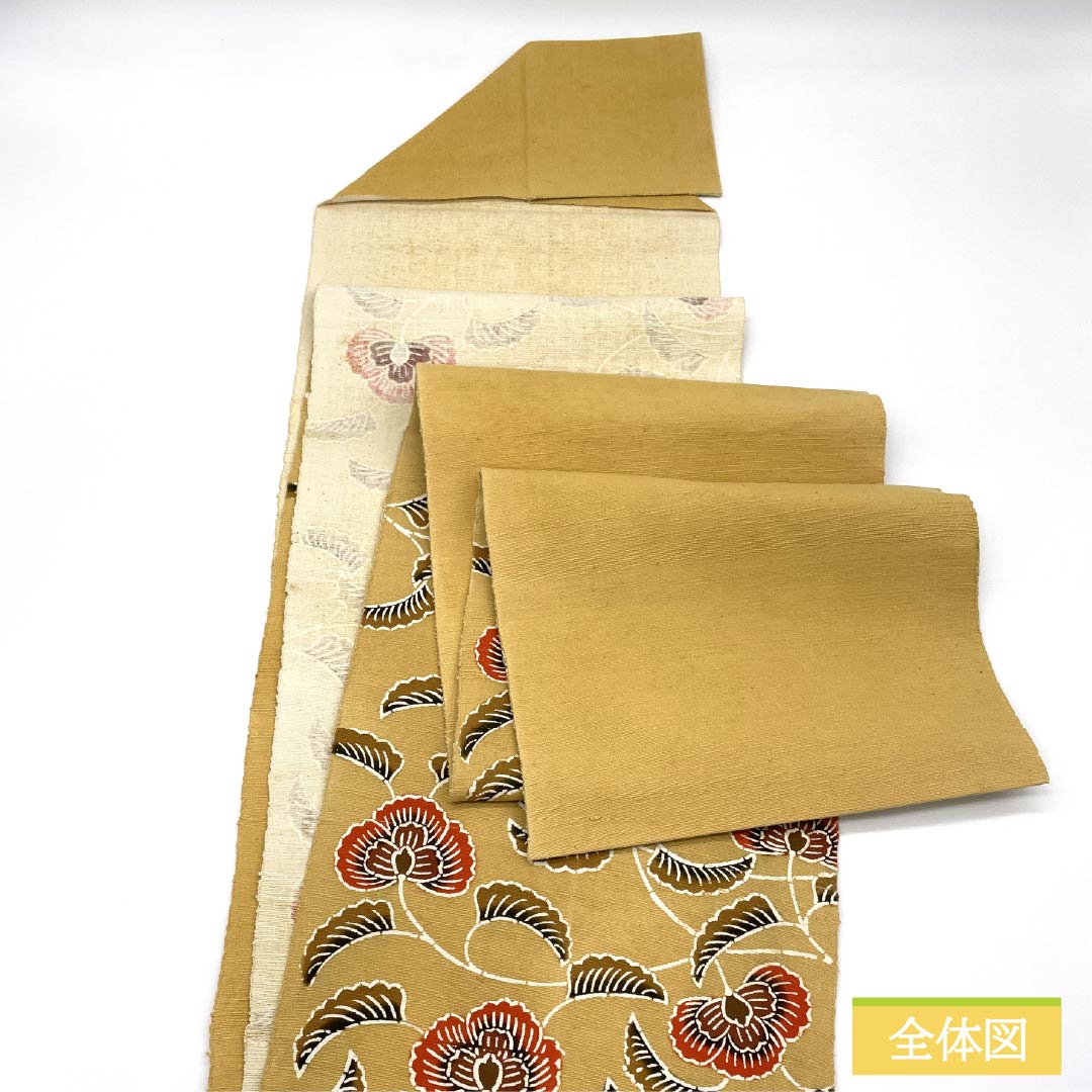 名古屋帯 正絹 Aランク 麦藁色（むぎわらいろ） 京紅型 唐花模様 紬地 帯丈362cm 六通 カジュアル ベージュ系 1124011213325 松葉仕立て