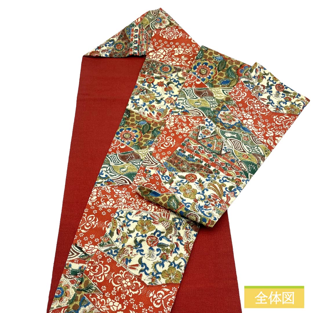 名古屋帯 正絹 Sランク 名古屋仕立て 更紗模様 割付 染め帯  帯丈373cm 全通 カジュアル マルチカラー 1124014052328