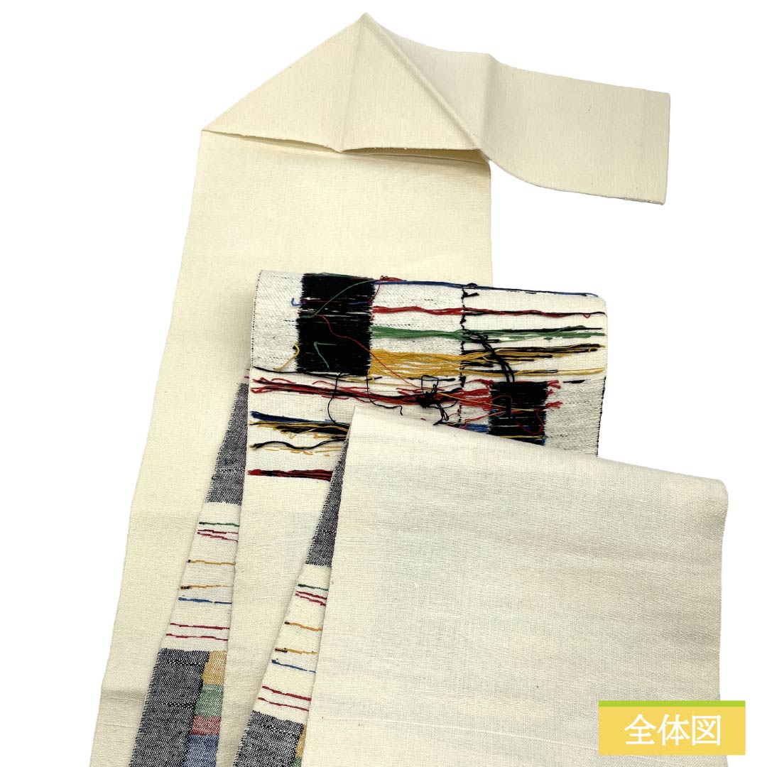 Nagoya obi, genuine silk, S rank, Matsuba tailoring, milky white, geometric pattern, colorful, pop, obi length 330cm, Rokutsu, casual, white color, 1124011822311