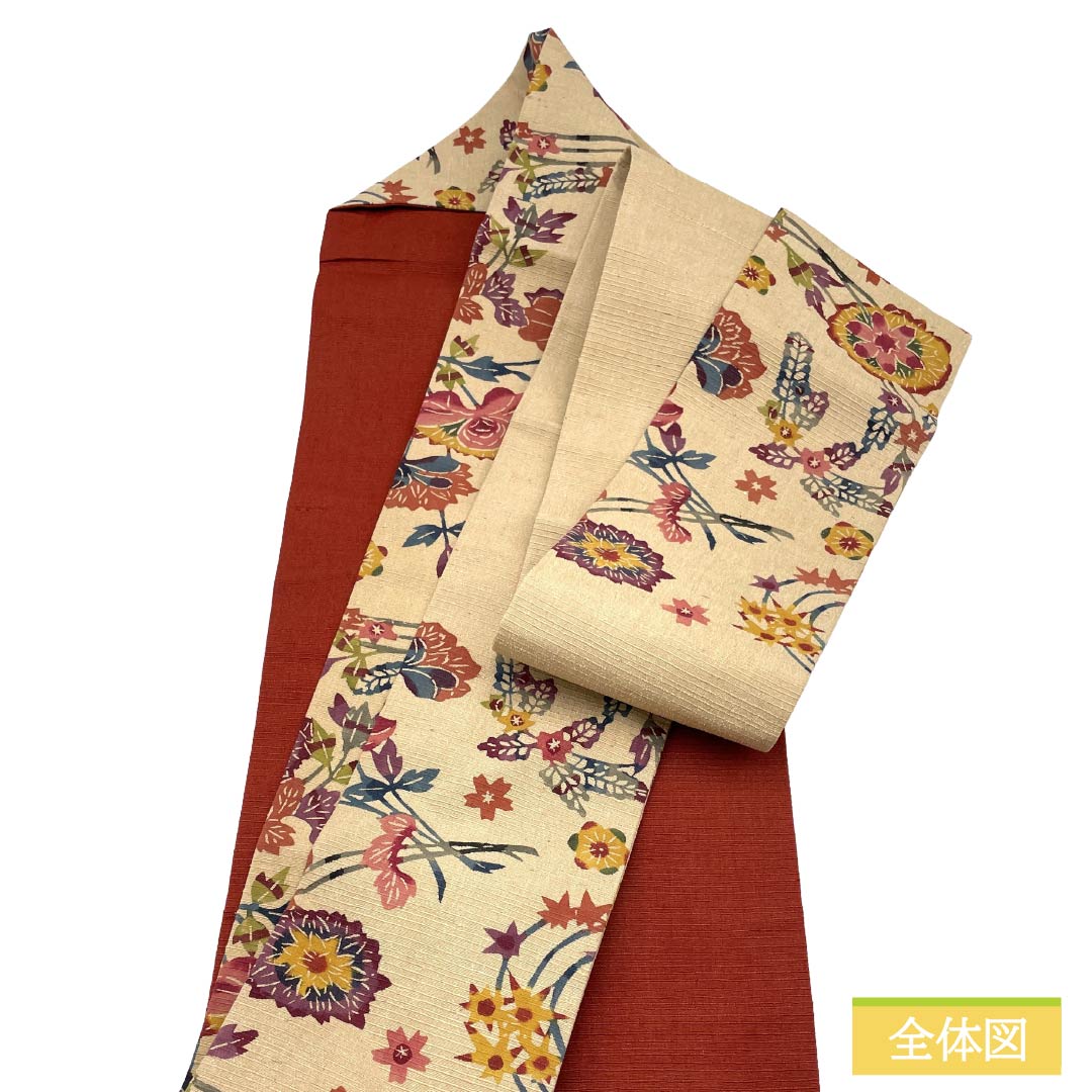 名古屋帯 正絹 Bランク 名古屋仕立て 尾花色（おばないろ） 染め帯 紬地 京紅型 帯丈352cm 六通 カジュアル ベージュ系 1124014074325