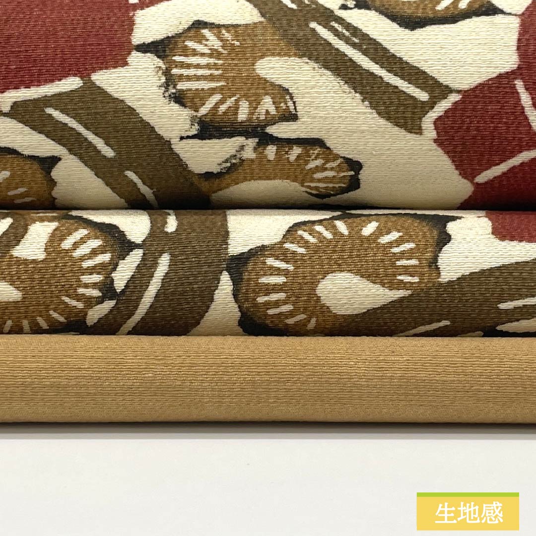 袋帯　赤茶色系　古典的な雰囲気模様 中古）袋帯 赤 カジュアル 六通 織り オリエンタル花草文 絹