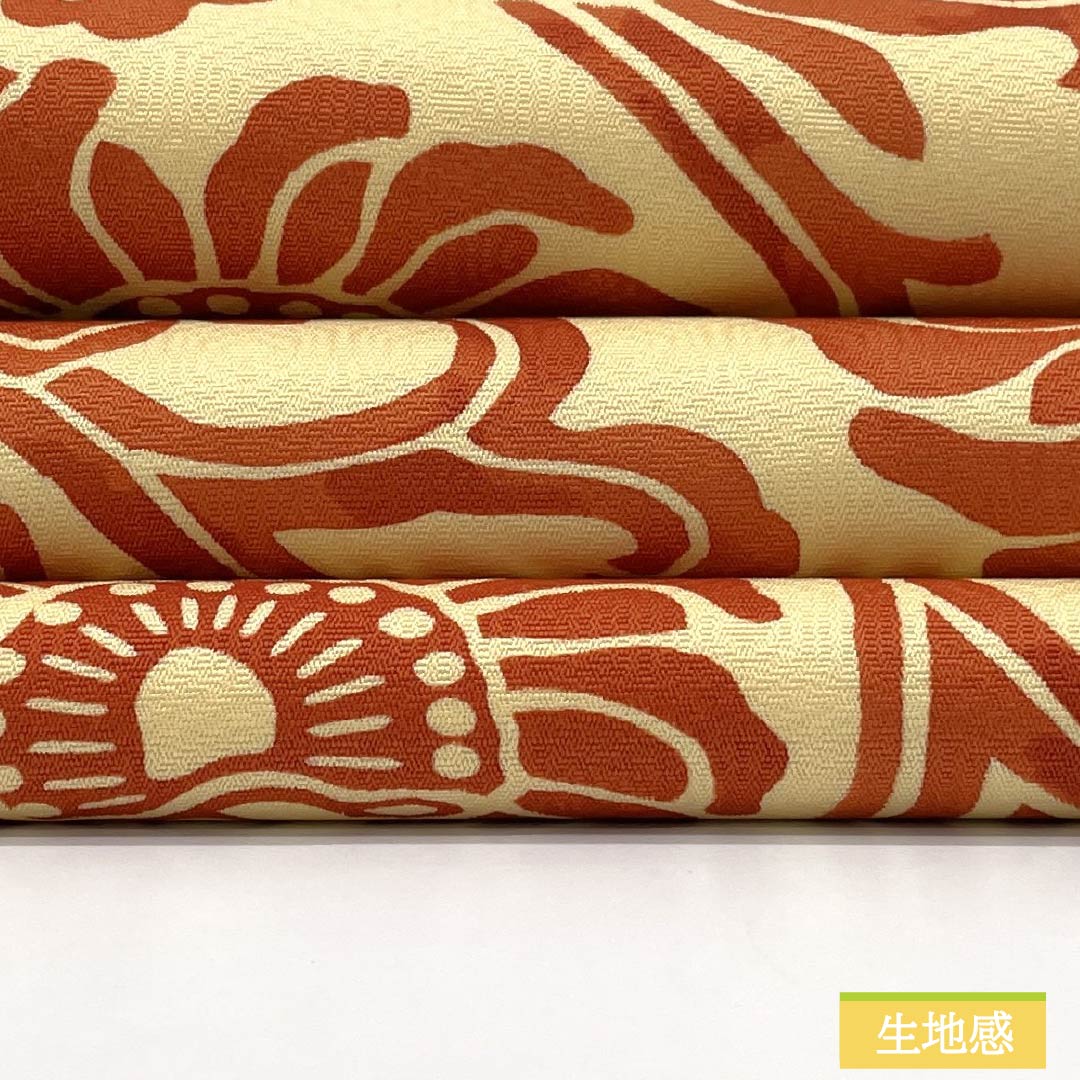 Nagoya Obi, genuine silk, A rank, Mitsudasou-iro (ocher yellow), stencil-dyed arabesque pattern, abstract floral pattern, obi length 358cm, partial pattern, casual, cream-colored, 1124011263315, Nagoya tailoring