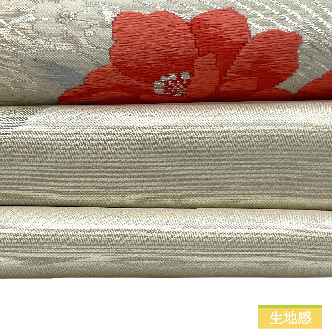 名古屋帯 正絹 Aランク 名古屋仕立て 胡粉色（ごふんいろ） 草花模様 帯丈347cm ポイント柄 セミフォーマル 白系 1124012283311