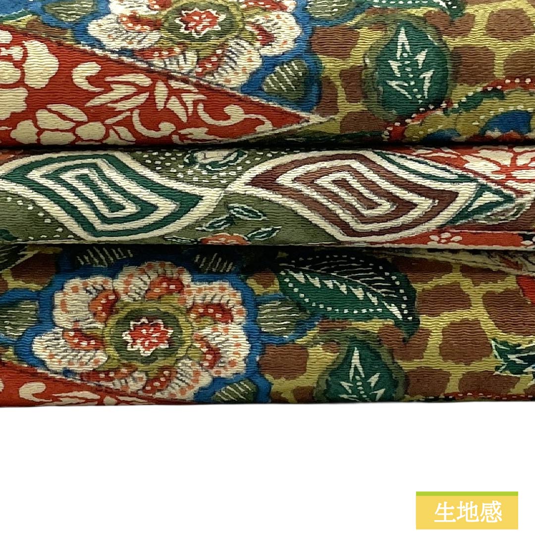 名古屋帯 正絹 Sランク 名古屋仕立て 更紗模様 割付 染め帯  帯丈373cm 全通 カジュアル マルチカラー 1124014052328